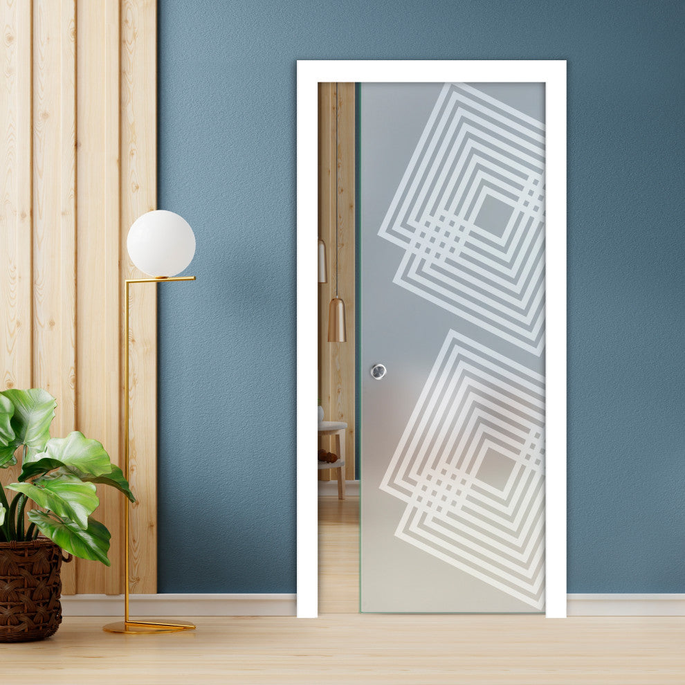 Pocket  Sliding Glass Door with Decorative Frosted Sandblasted Design, Full-Private, 32"x80", 5/16" (8mm)