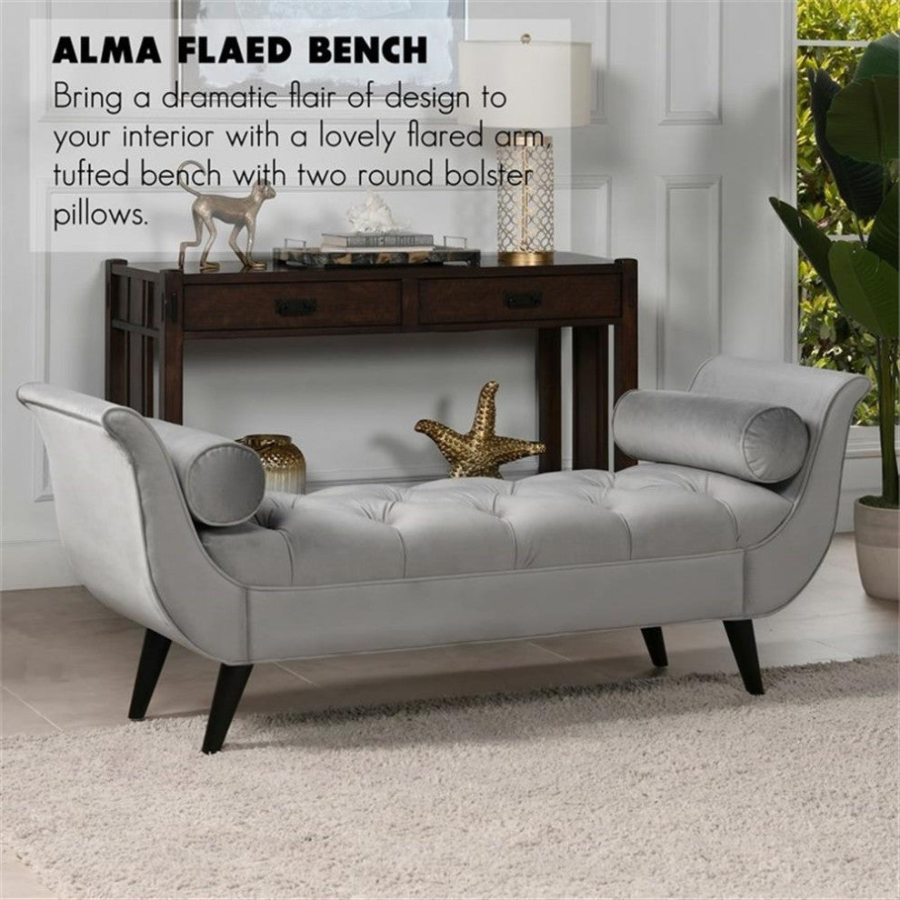 Alma 65" Tufted Entryway Bench With Bolster Pillows, Opal Gray Velvet
