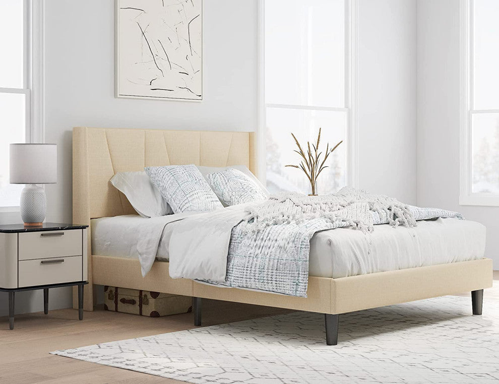 Full Bed Frame, Upholstered Platform Bed with Geometric Headboard and Wingback