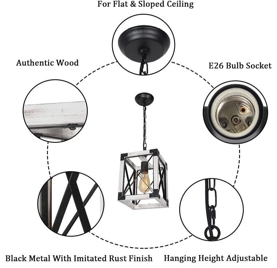 Island Wood Hanging Pendant Lamp Square Farmhouse Cage Pendant Light Fixture