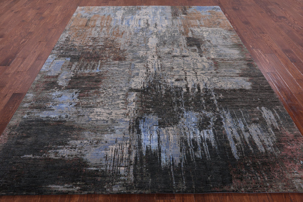 8' 2" X 10' 2" Abstract Handmade Wool and Silk Rug Q8884