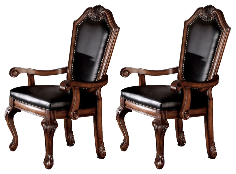 Set of 2 Black PU Upholstered Dining Armchair, Cherry Finish