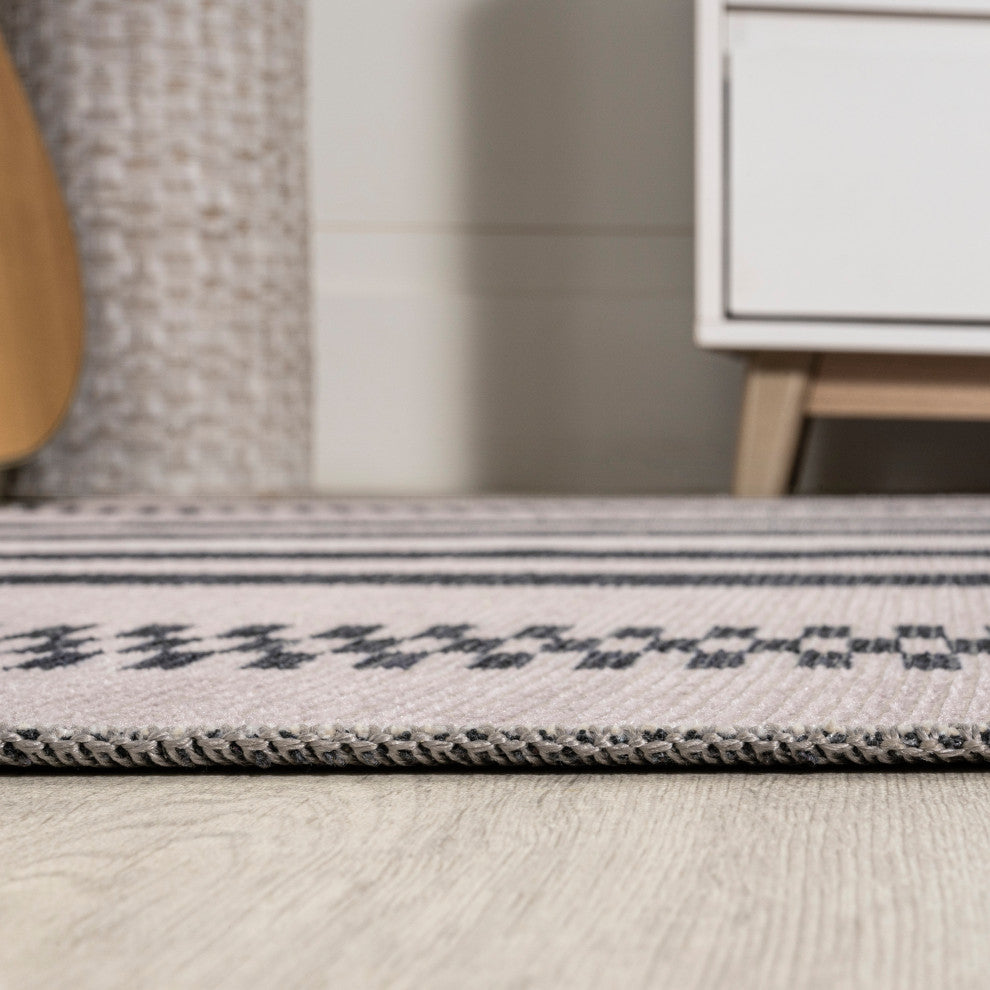 Vichy Geometric Striped Machine-Washable Area Rug, Cream/Black, 4x6