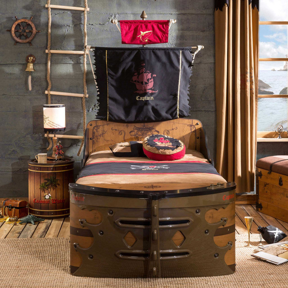 Pirate Twin-Size Captain''s Ship Bed with Sails and Deck and Trundle Storage Bed