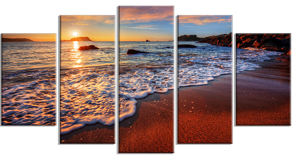 Stunning Ocean Beach at Sunset, Large Seashore Canvas Print, 60"x32", 5 Panels