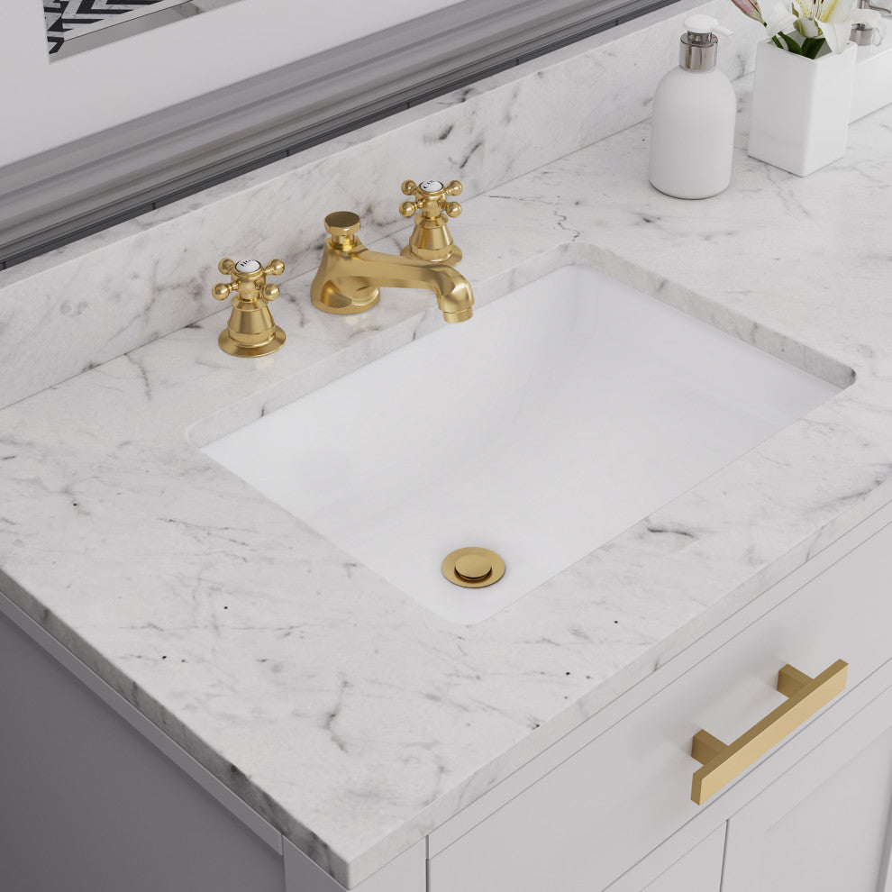 Classic Widespread Deck Mount Lavatory Faucets, Satin Gold With Pop-Up Drain