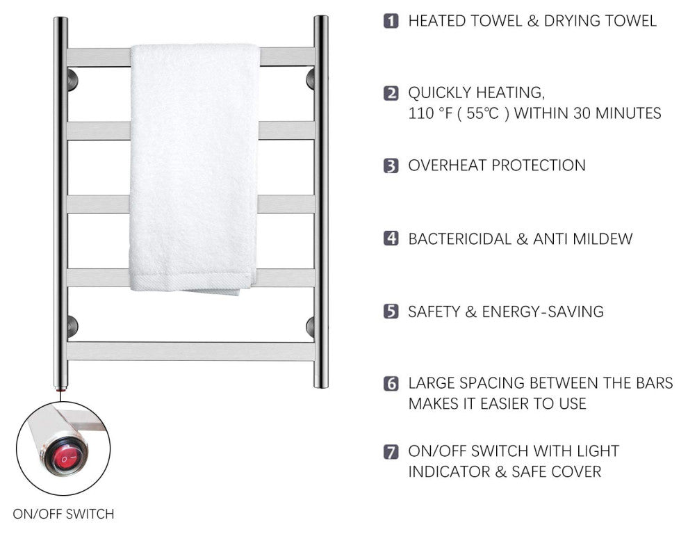HEATGENE 5 Flat Bar Wall-Mounted Hard-wiring/ Plug in Towel Warmer, Brush Polish