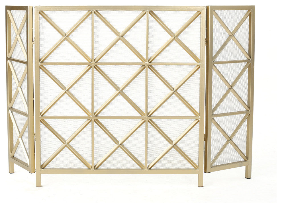 GDF Studio Mandralla 3-Paneled Iron Fireplace Screen, Gold