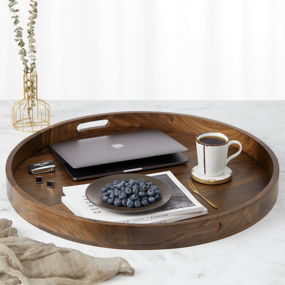 Round Black Walnut Solid Wood Tray Ottoman Tray, 26inch