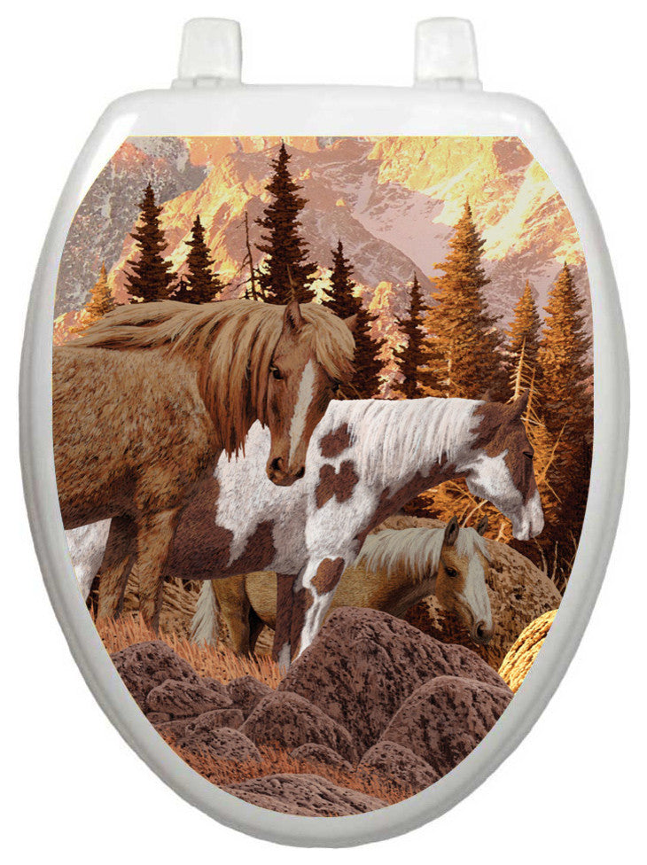 Wild Horses Toilet Tattoos Seat Cover, Vinyl Lid Decal, Western Bathroom, Elongated