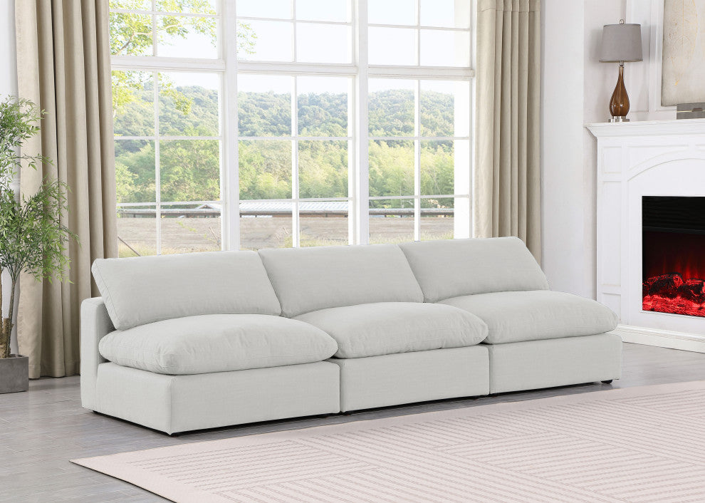 Comfy Upholstered Modular Sofa, White, 3-Piece: 3 Armless Chair, Linen Textured Fabric