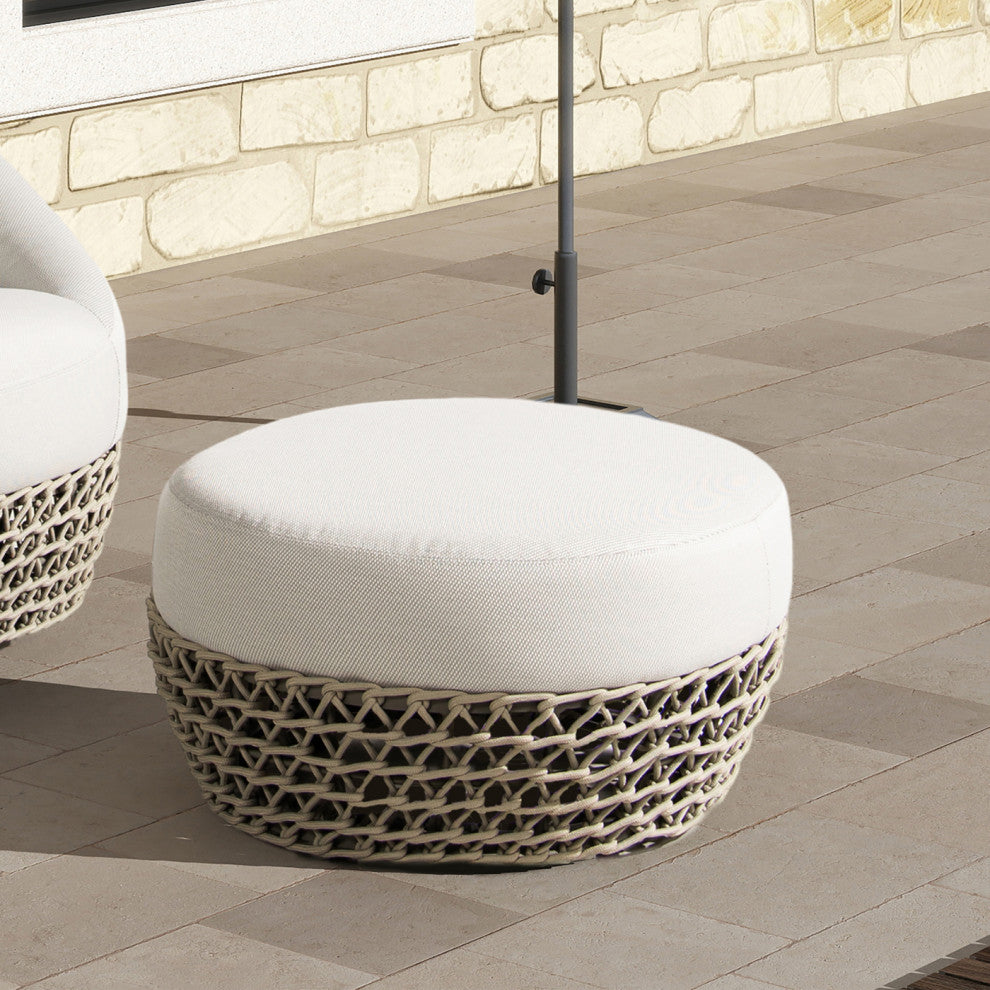 Willow 25" Outdoor Ottoman with Rope Details, Wheat Beige Axroma Olefin