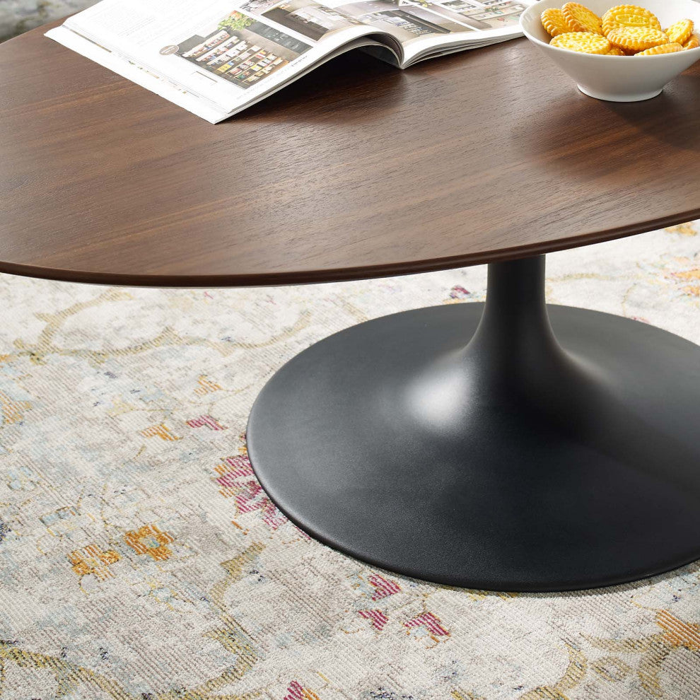 Modern Lounge Oval Coffee Table, Wood Metal Steel, Black Walnut Brown