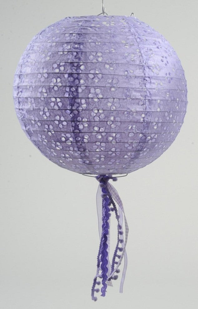 10" Tea Garden Purple Floral Cut-Out Chinese Paper Lantern With Pom Pom Tassels
