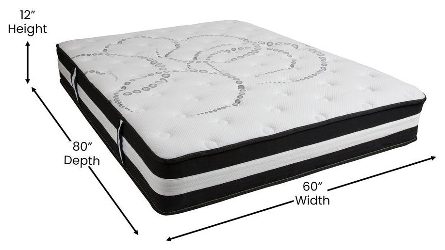 14" Metal Platform Bed Frame, 12" Pocket Spring Mattress & Memory Foam Topper, Black, King