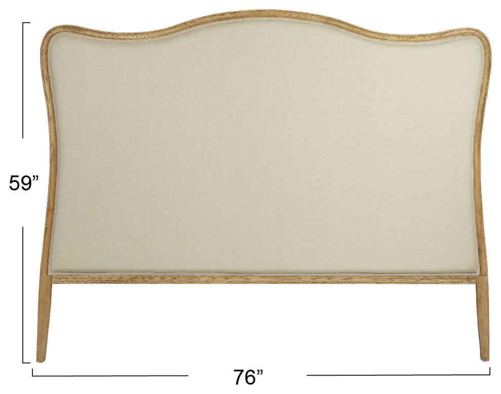 Elegant Oak Wood King-Size Headboard With Linen Upholstery, Natural and Beige