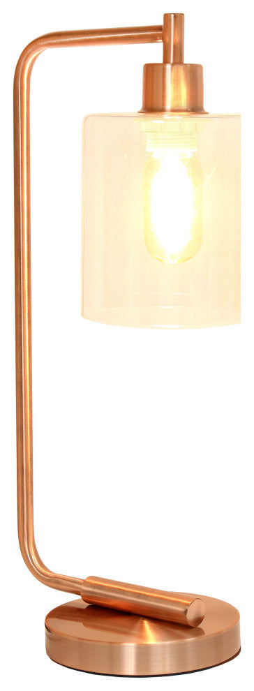 Bronson Industrial Iron Lantern Desk Lamp With Glass Shade, Rose Gold