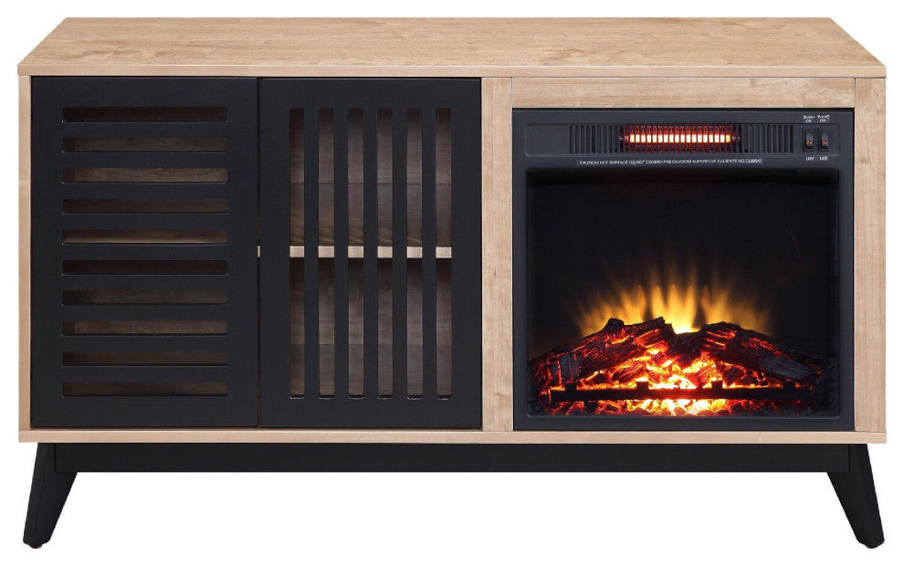 Benzara BM274624 46" Wood Console Table, LED Electric Fireplace, Oak Brown/Black