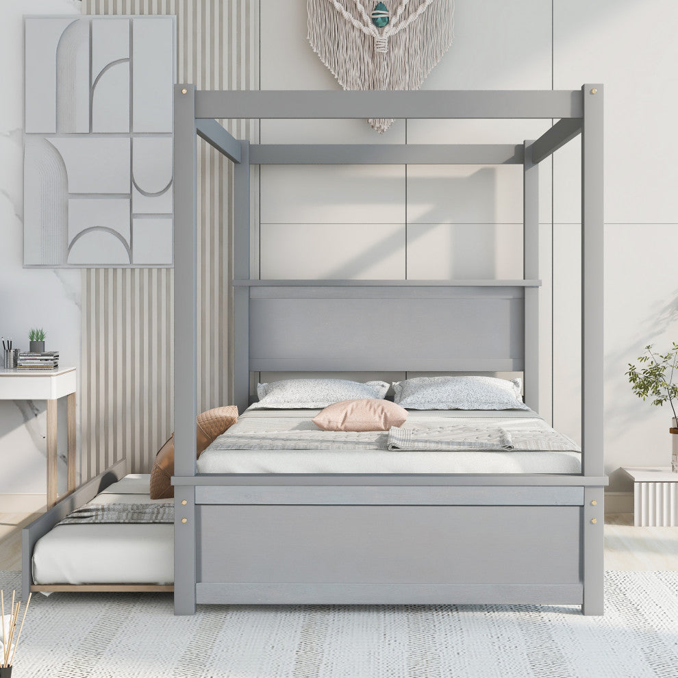 Full Wood Frame Canopy Platform bed with Trundle Bed, Grey, Full