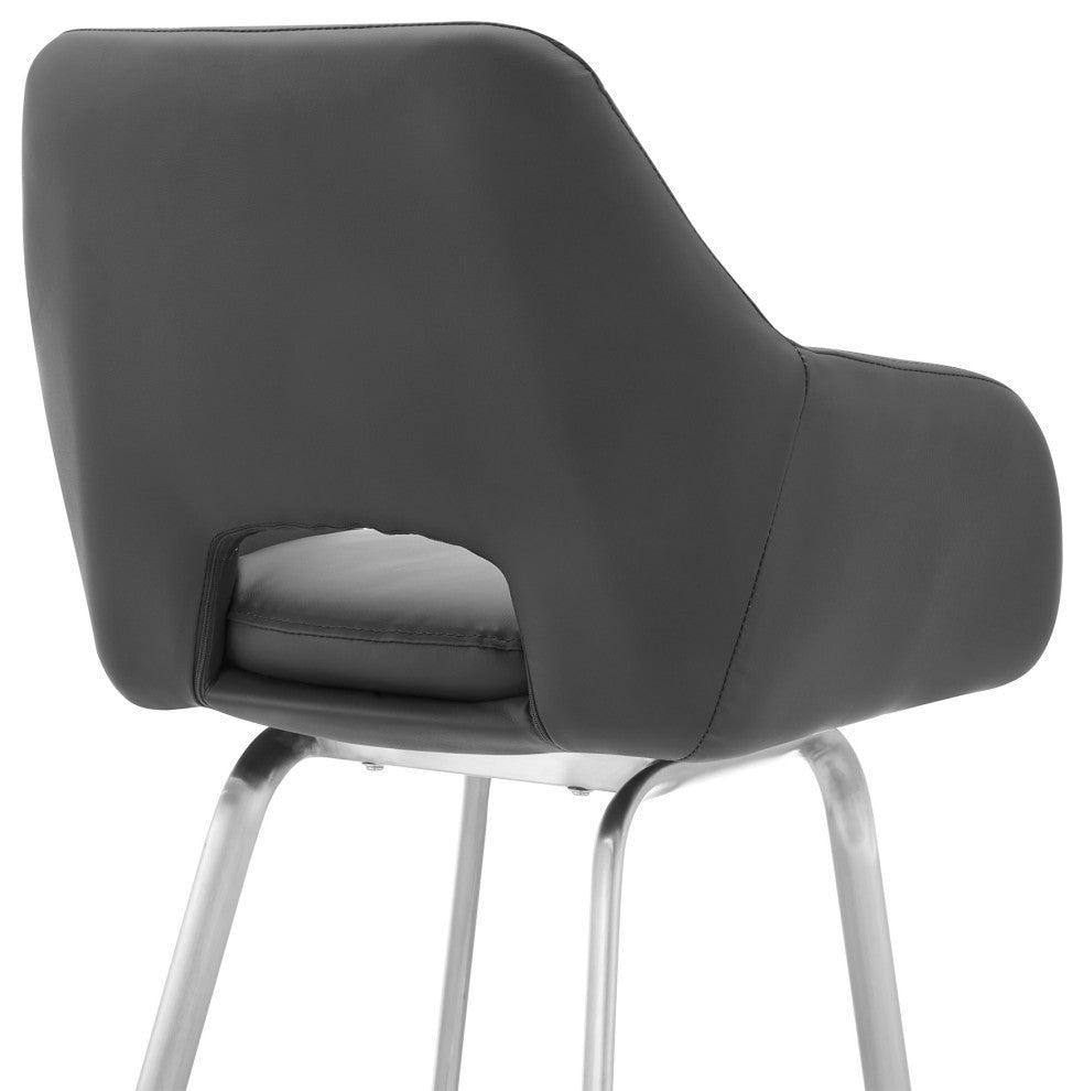 Aura Faux Leather and Metal Bar Stool, Stainless Steel/Gray, Bar Height, 29-32"