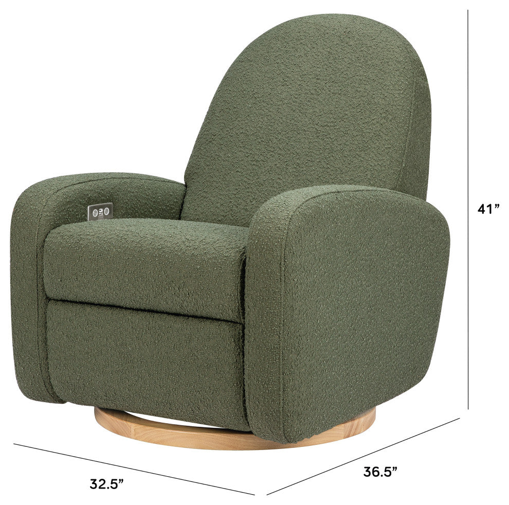 Nami Electronic Recliner and Swivel Glider Recliner, Boucle With USB port, Olive Boucle With Light Wood Base
