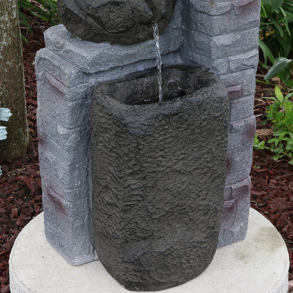 Sunnydaze Cascading Stone Bowls Solar-on-Demand Water Fountain With LED Light