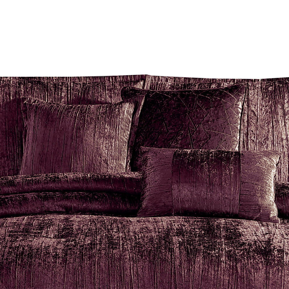 Benzara Jay 7 Piece Queen Comforter Set, Purple Polyester Velvet, Texture