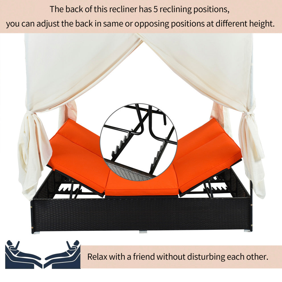 2-Piece Outdoor Wicker Patio Sunbed Daybed With Cushions And Adjustable Seats, Black Orange