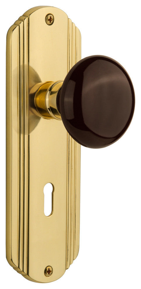 Single Deco Plate With Brown Porcelain Knob, Polished Brass