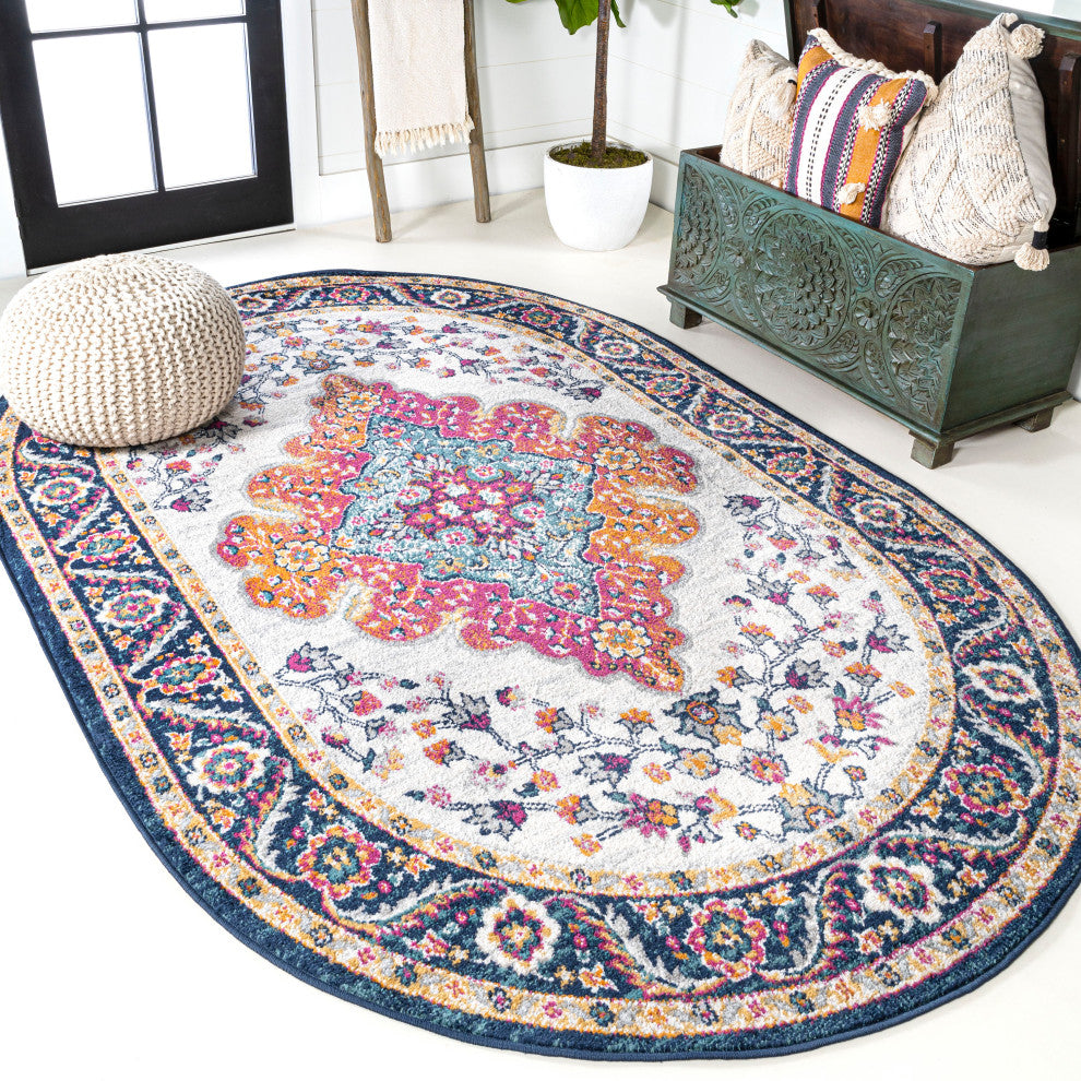 Bohemian FLAIR Boho Vintage Medallion Area Rug, Blue and Multi, 6x9 Oval