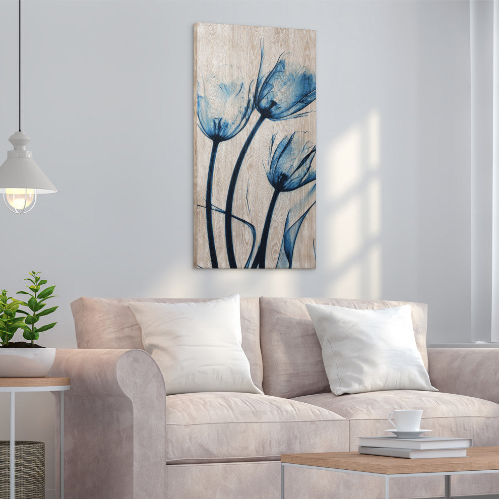 Blue Tulip Wall Art X-Ray Photography Giclee Printed on Hand Finished Ash Wood