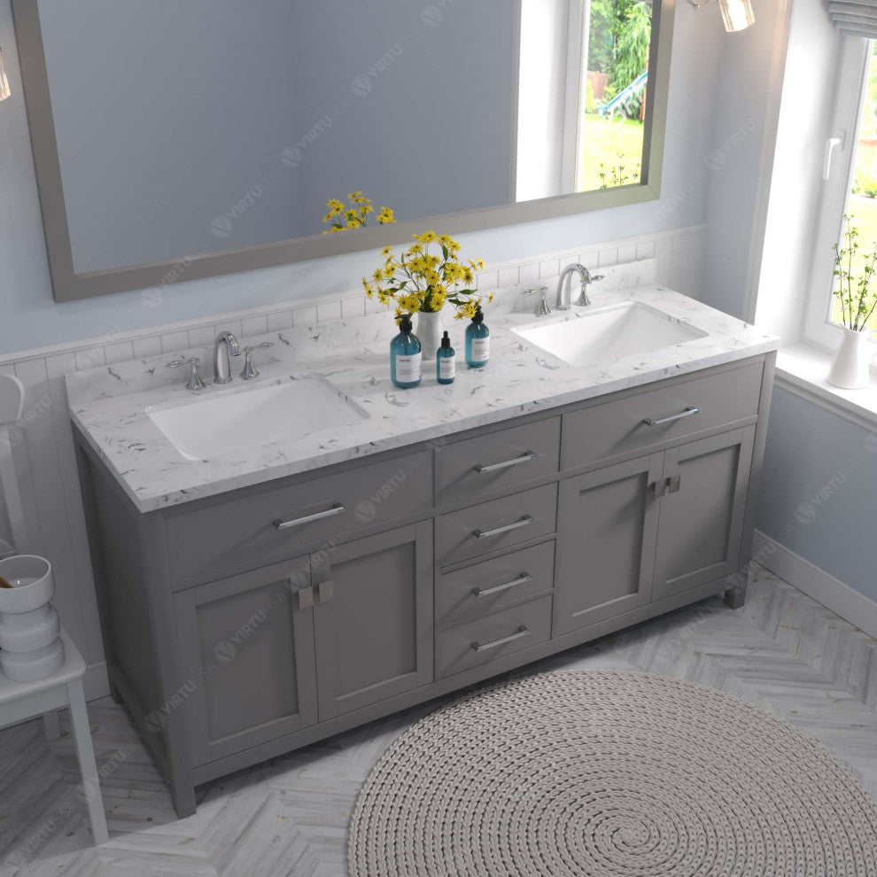 Caroline 72" Double Bath Vanity With Cultured Marble Quartz Top, Gray