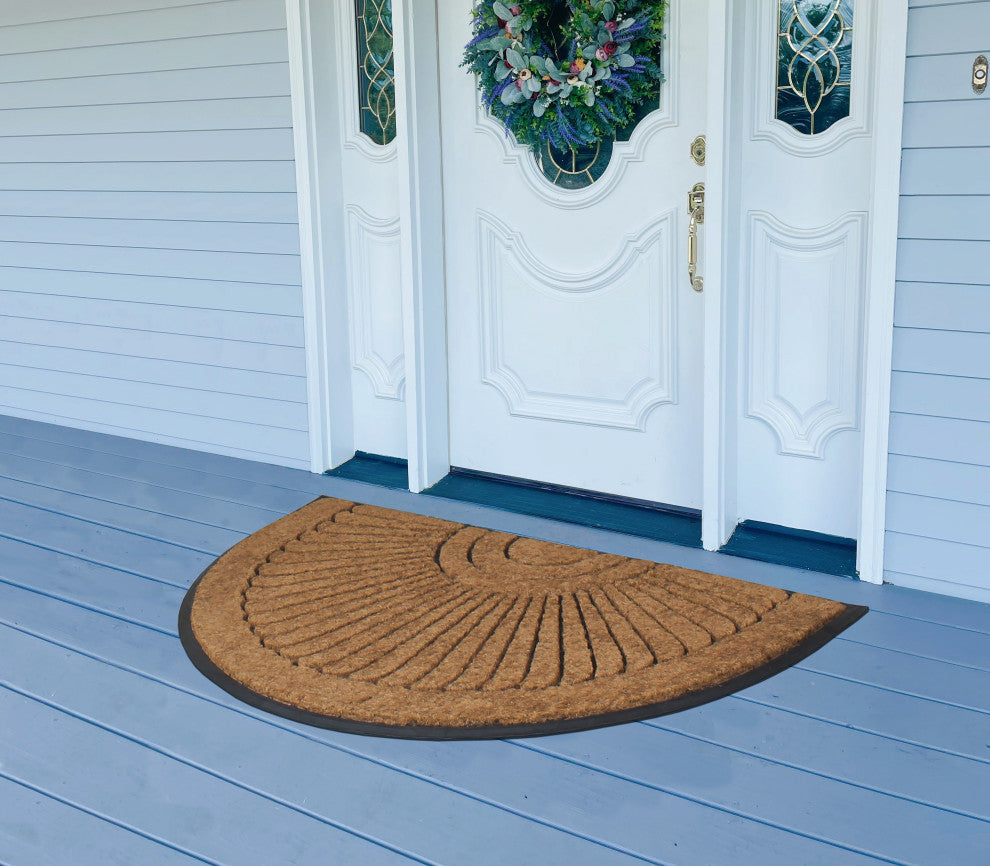 Sunburst Half Moon Mat, Tapered Edge, Black, Rubber and Coir, 24"x36"