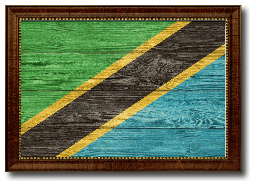 Tanzania Country Textured Flag Print With Brown Gold Frame, 15"X21"