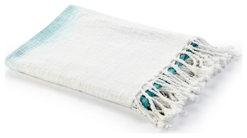 Shibori Slab Throw Blanket with Fringe, Angel Blue