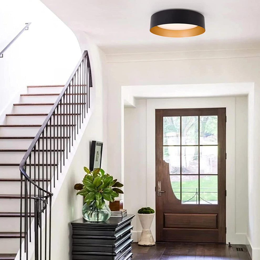 Matte Black Flush Mount Light, LED Ceiling Light Fixture, Gold Inside Finish