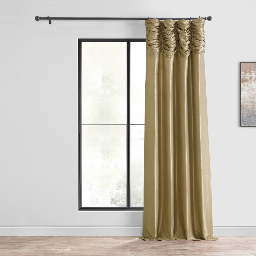 Ruched Vintage Faux Dupioni Silk Curtain Single Panel, Flax Gold, 50" X 84"