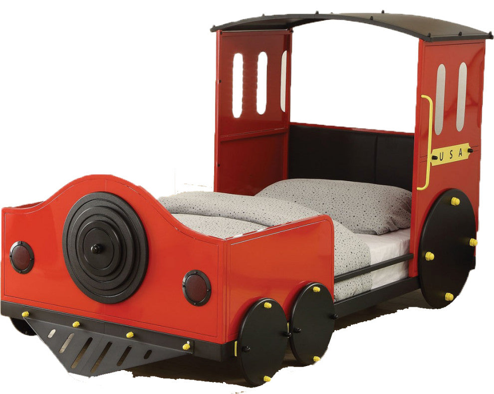 Twin Bed, Red and Black Train Metal, MDF, PVC, 25kg FR Red and Black Train