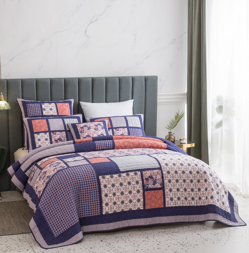 Patchwork Floral Cherry Blossom Plum Purple & Peach Quilted Bedspread Set, Twin