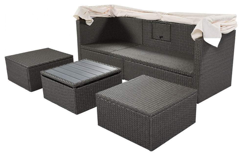 4-Piece Outdoor Wicker Sectional Patio Daybed with Canopy and Ottoman, Black Bei