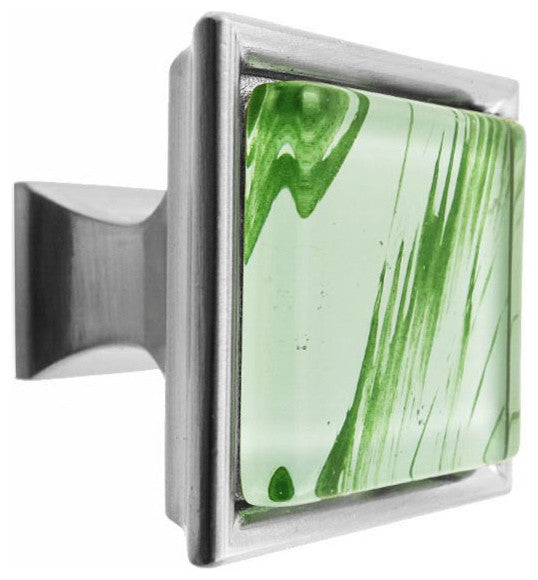 Hand Brushed Random Green Strokes Crystal Glass Brushed Nickel Classic Knob