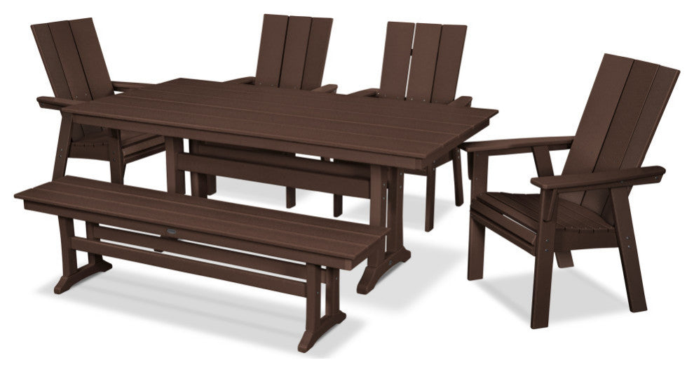 POLYWOOD Modern Adirondack 6-Piece Farmhouse Dining Set With Bench, Mahogany