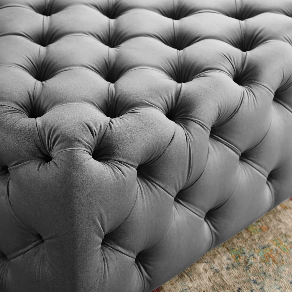Tufted Accent Chair Ottoman, Square, Velvet, Gray, Modern, Lounge
