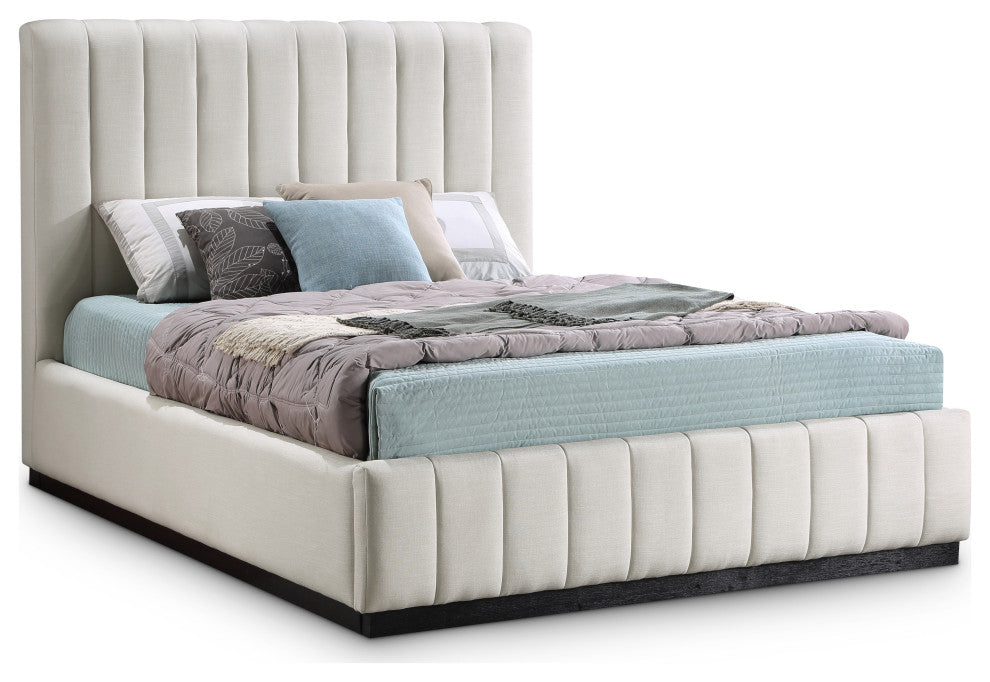Lucia Beige Linen Textured Fabric Full Bed, Beige, Queen, Black Finish
