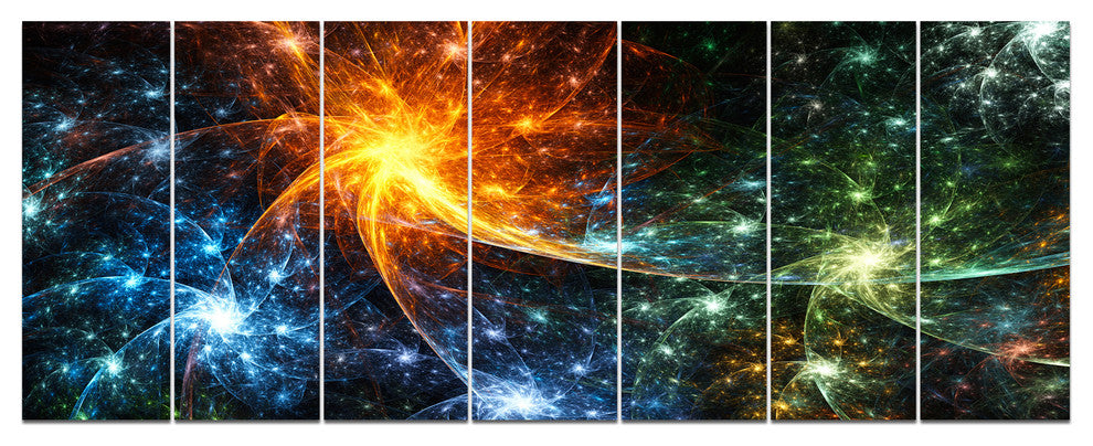 Colorful Fireworks with Stars, Abstract Canvas Art Print, 83"x32", 7 Panels