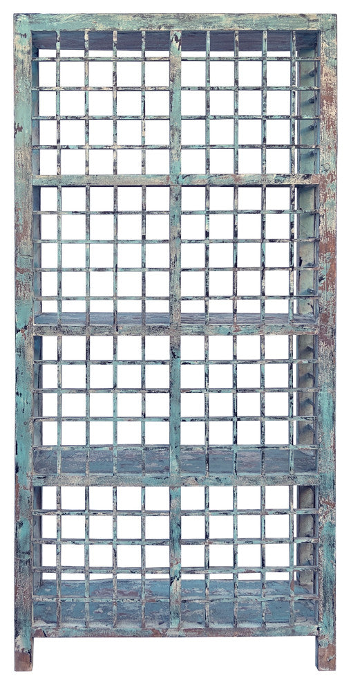 Distressed Teal Blue Green Grid Style Back Side Bookcase Display Cabinet