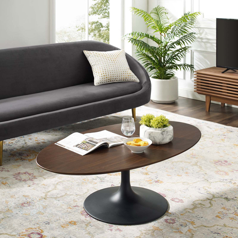 Modern Lounge Oval Coffee Table, Wood Metal Steel, Black Walnut Brown