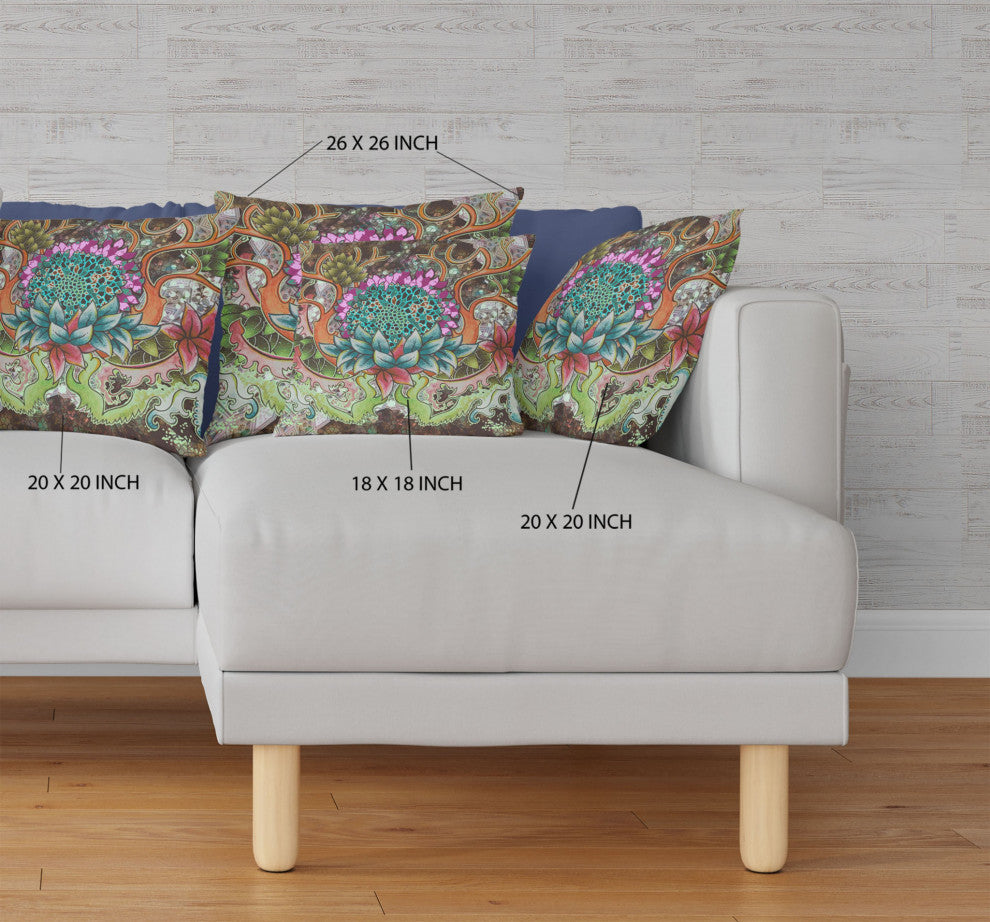 16" Green Orange Flower Bloom Suede Throw Pillow
