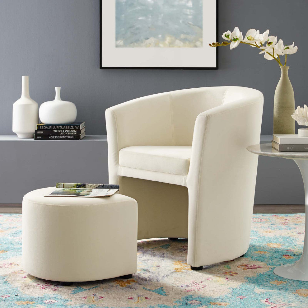 Lounge Lobby Armchair Accent Chair and Ottoman, Velvet Fabric, Ivory White