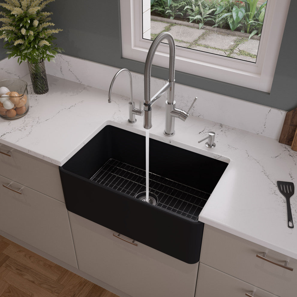 Smooth Apron Fireclay Farm Sink, Black Matte, 30"x18", Single Bowl
